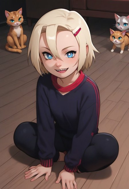 ino, hair ornament, hairclip, 1girl, solo, blonde hair, short hair, blue eyes, smile, looking at viewer, BREAK level_9, level_8_up, level_7_up, source_anime, masterpiece, BREAK naruhodou_artstyle, BREAK outdoor, sweater, selfie
long hair, shirt, cross-shaped pupils, hair between eyes, sharp teeth, smiling, 
BREAK
level_9, level_8_up, level_7_up, level_6_up, level_5_up, source_anime, masterpiece 
BREAK
laying on the floor, cats, a lot of cats, cats all around, covered in cats, CATS, cat, happy, cats everywhere, cats all over ino cuddling, cute, patting cats, various colors of cats, various cats,