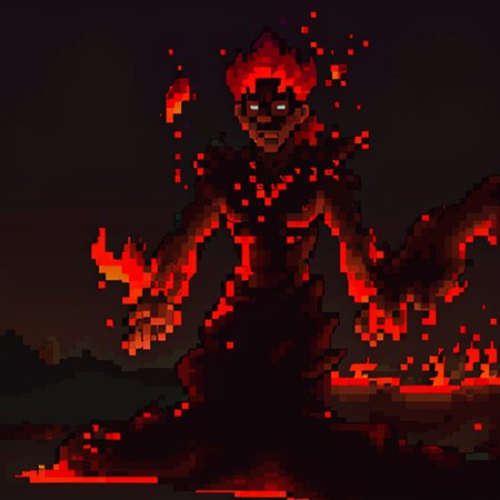 <lora:SNES Earthbound Enemies V11:0.6> earthbound_enemy, pixelart, drop shadow <lora:Terraria Style - V1:0.6> terraria_style, 2d, fire_elemental, fiery/man, choas aroumd, depth of field, dark sky,<lora:LCM_SD15:1.0>