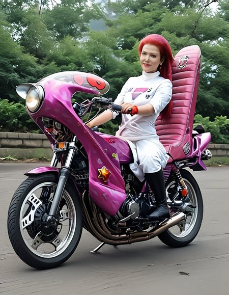 score_9, score_8_up, score_7_up, source_real, realistic, photorealistic, BREAK, 
Zoku_Motorcycle, <lora:BDpony_Zoku_Motorcycle_V1-000016:1>, 1girl,   Jessie_\(pokemon\) <lora:detailed_notrigger:1> <lora:zy_Detailed_Backgrounds_v1:1>