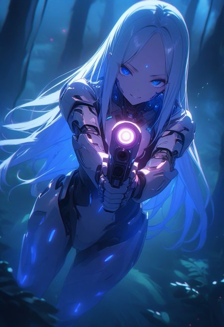 ((masterpiece), (best quality), (ultra-detailed), 
illustration, 3DMM,
1woman, absurdres, deep blue eyes, blue hair , very long hair, forehead,  looking at viewer, trees, night,  forest, futuristic,  hand prosthesis, scifi , lrg prosthesis, glossy, armor, cyborg,  perfect body, golden and red glow,  mechanical joints, standing,
chiaroscuro shading,handgun,  
aiming a gun,
action shot, aiming, holding gun, maneuver, very aesthetic, ultra high res, upper body, aiming at viewer, insane face , evil grin,
 ,blue neon, prostheses, cyber prostheses,  drone shot above, viewer looking from above)