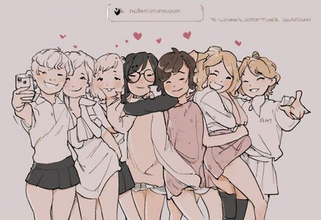 lgbtq,femboys, different clothes, cute clothes, skirt, hug, smiling, selfie
<lora:Gwen-10:0.8>,
<lora:gopheralphastyle_10:0.6>, 
<lora:mamimiArtworkStyle_v10:0.4>,
<lora:add_detail:0.8>.
<lora:ntrface-wasabiya:0.6> 
<lora:half-closed eyes:0.4> 
<lora:milfication:0.4> 
<lora:breastsizeslideroffset:0.35>