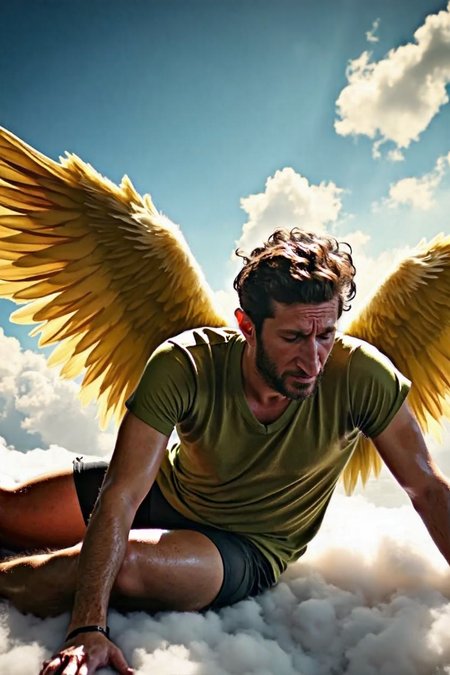 Fares Fares a male angel is laying looking down, on his back it shows a large big spread wings made of heavenly yellowish feathers in the center of the image, he is wearing shorts wearing a vneck dark-lime green lying resting on a fluffy white cluld on the sky, beautiful heavenly yellow lights and clouds and a blue sky are on the background. natural lighting, 4k uhd, dslr, high quality, Fujifilm XT3
ðï¸ [Inpainted with Loras]: Fares Fares Flux v1-000007
ð¯<lora:flux\my\Fares\Fares Fares Flux v1-000007.safetensors:1.37:1.37>