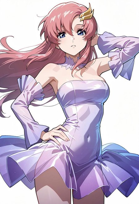 masterpiece, best quality, 1girl, cute, Lacus Clyne, ((wearing transformation dress: 1.3)), transparent dress, bare shoulders, white background, empty void, (cowboy shot: 1.5), looking at view, one hand on hip, one hand behind head,
