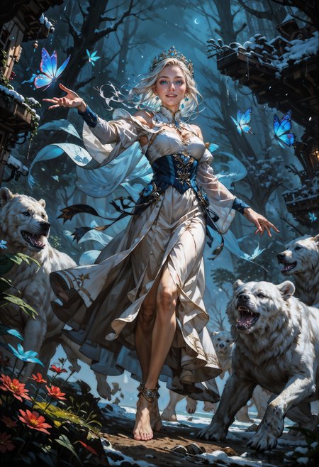score_9, score_8_up, score_7_up,  masterpiece, intricate, detailed, vibrant colors, BREAK, fantasy, blue and white, dynamic pose, from below, BREAK, elven priestess, beautiful, dainty, white robe, long white hair, dancing, smiling, windy, barefoot, Anklets, glowing blue eyes, BREAK, outside, starry night, enchanted forest, snow, ice, blue glowing butterflies, walking the snowy garden, cute snow slimes, starry night, snowflakes, cute polar bear, cute ice wolf,   <lora:Concept Art DarkSide Style LoRA_Pony XL v6:0.8> concept art, <lora:GwentStyle_v2:0.6> gwentstyle <lora:Expressive_H-000001:0.8> expressiveh