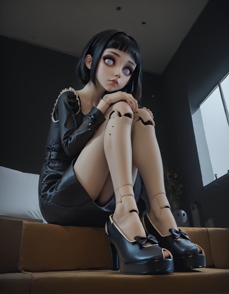score_9, score_8_up, score_7_up, score_6_up, score_5_up, score_4_up,
1girl, goth, black dress, black hair, 
doll, ball joints, long legs, blank eyes, wide eyes, blank stare, looking at viewer, expressionless,
knees to chest, sitting, knees up, hugging own legs,
indoors, school, 
(from below), (from side:1.1), foot focus,
wide angle, fisheye lens,
night, dark, dark background, Low-key lighting,
light particles,
(r3w1nd heels), 
embedding:zPDXL2 ,