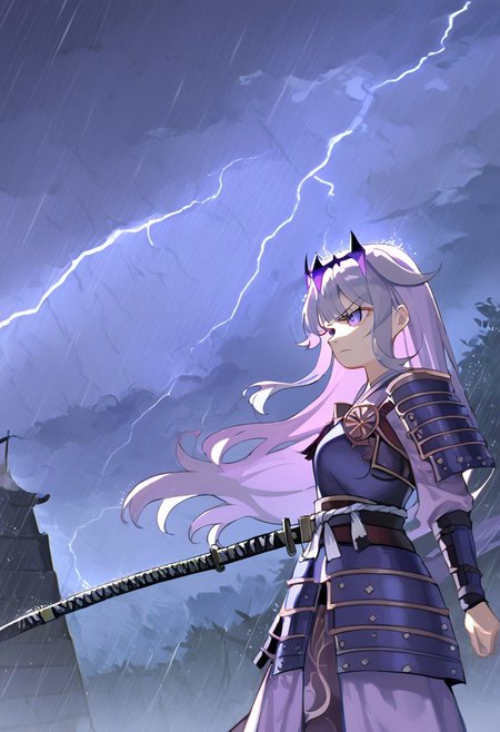 score_9, score_8_up, score_7_up, hadrian, source_anime, 1girl, thunderstorm, rain, lightning, <lora:ChamKosekiBijouPonyXL:0.8> KosekiBijou, long hair, hair flaps, floating headpiece,  <lora:samurai_armor_pony:1.1> samurai, purple clothes, holding katana, serious