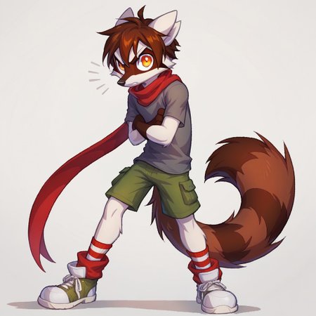 <lora:Indi_and_Digo_Marallang:0.8>,
score_9,score_8_up,score_7_up,Indi_and_Digo, Indi_and_Digo,
boy,solo, tail,brown fur, orange eyes, 
(angry), looking at viewer, arms crossed. brown hair. white fur
Bast seems to appear like a raccoon hybrid with a wolf's tail with dark brown-white stripe patterns, got yellowish eyes and red-orange pupils. There's somewhat three to four fin shaped furs sticking out on his back. He wears a long red scarf around his neck, gray sweater, red gloves, gray pants with red legwarmers/socks, and white fabric shoes which are triangular in shape. As a child in Prelude, he wore a plain t-shirt of a light shade of brown, green cargo shorts and his red scarf.