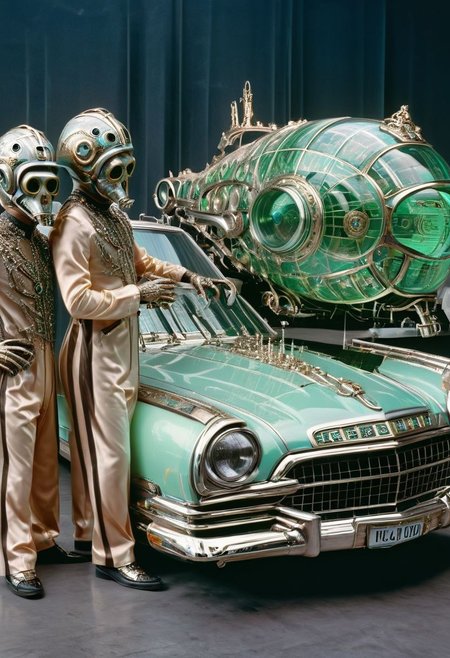 An incredible award winning experimental cinematic still, Three brave men with bell jars for gigantic heads, they have huge freakish eyes, wearing delightful stylish jumpsuits by Gucci, posing in front of a stylish futuristic lowrider hoover car with etched uranium glass windows, 1970s science fiction, dramatic cinematic moody lighting, full soft offset printing, psychedelic trip, cursed image, masterpiece, museum quality, Robert Rauschenberg rococo Style, RococoPunkAI
