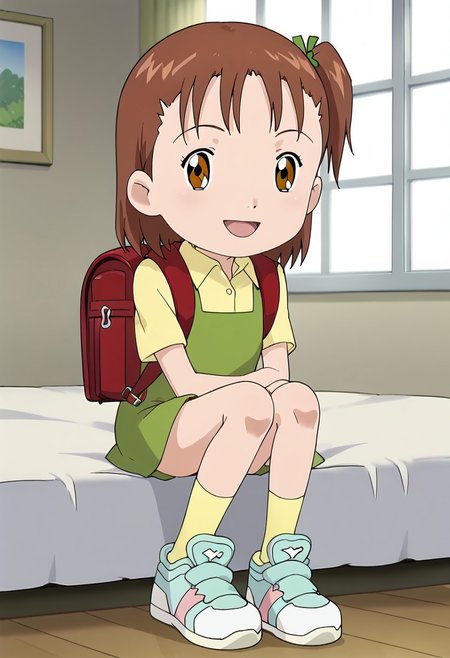 score_9, score_8_up, score_7_up, source_anime, anime screencap, masterpiece, best quality,
(1girl), jerikatou, ((solo, alone)), short petite, small body, flat chest, brown hair, side ponytail, brown eyes, green dress, smile, open mouth, looking at viewer,
BREAK
(yellow collared shirt, shoes, yellow socks, red backpack) 
BREAK
(sitting on the chair), legs together, indoor, bedroom, bed in back, window in back, window in back during the day.
