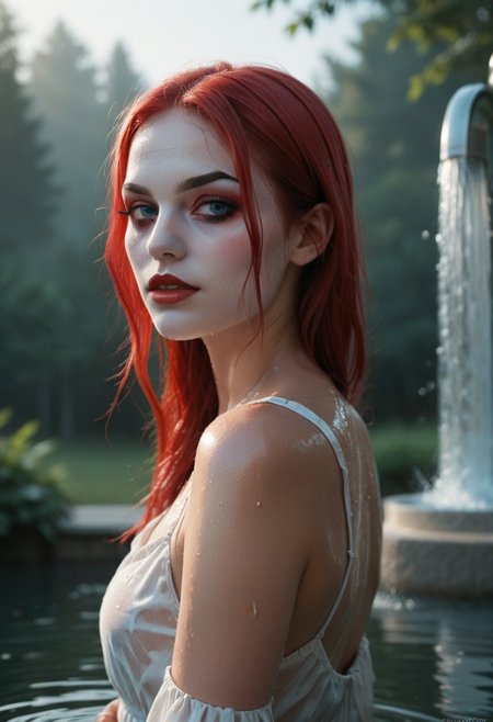 score_9, score_8_up, score_7_up,1girl,Harley Quinn sexy, upper body, back, looking at viewer, self-hugging, wet sexy dress, parted lips, in water, small water fountain, in the middle of the forest, fog, morning,