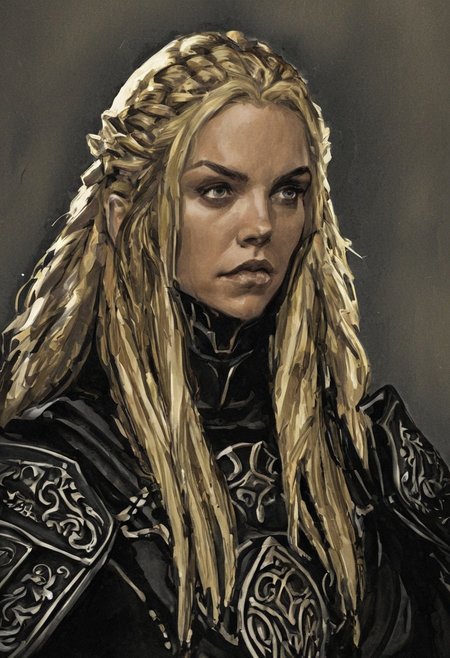 imcc style, 1girl, woman, thirties, fantasy, teutonic knight, severe look, black armor, ornaments, long blond hair,