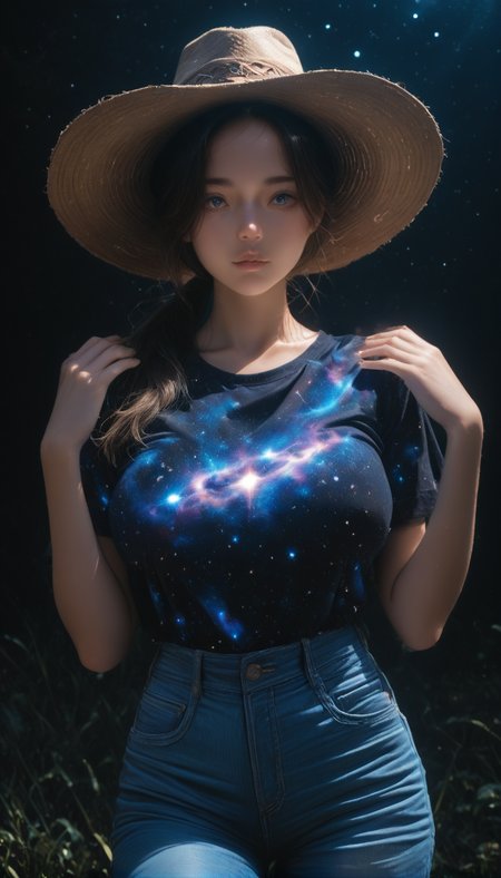 <lora:LCMTurboMix_Euler_A_fix:1> <lora:example_SDXL:0.3>, EZRealPONYXL, <lora:Dramatic Lighting Slider:3> <lora:realistic filter [IL]: 1>
DSLR,realistic,cosplay photo, (very awa,masterpiece,best quality,year 2024,newest,absurdres,highres:1), realistic,skin texture,facial features, photography shot with Canon EOS 5D Mark IV , realistic, RAW, best quality, masterpiece, amazing quality, skin details,
highly detailed beautiful face, large natural breasts,
detailed background, shiny skin, dutch angle, night, moonlight,
beautiful detailed eyes, intricate details, absurdres, anime screencap,
<lora:AddMicroDetails_Illustrious: 0.5> , addmicrodetails,
artist: onono imoko, artist: taesi,
high_quality, highres, detailed, masterpiece, best quality, absurdres, woman wearing Jedcwb, cowboy outfit, wide-brim hat, bandana, jeans,  black background, over-the-shoulder ponytail, bangs,  posing,  diagonal_angle,   <lora:CowgirlIL-000002:1>
 <lora:galaxyXLP:1> (galaxy print shirt : 1.5), (galaxy sky 1.5),