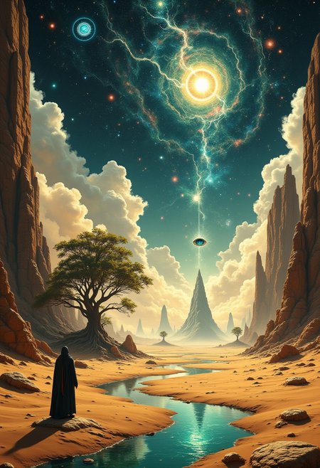 aidmaMJ6.1, aidmaimageupgrader,  Imagine a vast desert with towering, upside-down mountains floating like clouds in the sky, casting long shadows on the golden sand. In the distance, a colossal ancient tree with glowing, translucent leaves rises from the ground, its roots stretching into the horizon. Instead of a sun, there is a giant, glowing eye hovering in the sky, emitting soft beams of light that warp as they pass through the atmosphere. A river of liquid glass snakes through the sand, reflecting impossible shapes like floating geometric patterns and fragments of distant stars. On the shore of the glass river stands a lone figure in an elaborate cloak, their face obscured by a mirror that reflects the chaotic landscape. The sky is swirling with vibrant, abstract colors and distant, fragmented galaxies, giving the sense that reality is tearing apart. The scene is dreamlike, blending cosmic elements, surreal landscapes, and symbolic imagery in a striking fusion of time, space, and perception