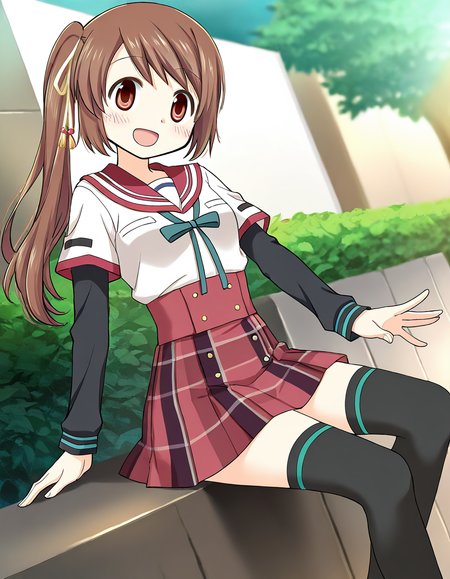 masterpiece, best quality, newest, absurdres, highres, safe, 1girl, yui tsuruno \(school uniform\), magia record: mahou shoujo madoka magica gaiden, black sleeves, thighhighs, solo, sitting, open mouth, outdoors, dutch angle, <lora:yui_tsuruno_noobaiXLNAIXL_vPred10Version:0.7>