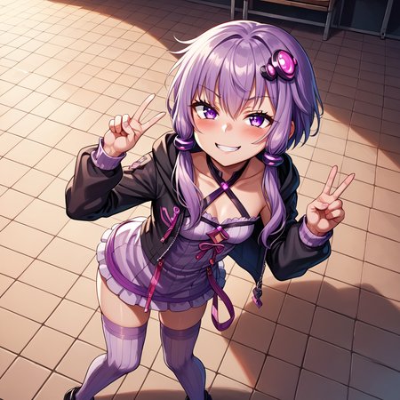 score_9, score_8_up, score_7_up, source_anime, BREAK
<lora:YuzukiYukari_MMD_V1:0.9> yuzuki yukari, purple eyes, small breasts,  
short hair with long locks, purple hair, hair ornament,
criss-cross halter, purple dress, purple thighhighs, black jacket, hooded jacket, long sleeves, 
(indoor, from stage, colorful stage lights),
1girl, full body, cowboy shot,from above,, look at viewer,, full body,,leaning forward,
smug, smirk, blush, peace sign, double peace sign,