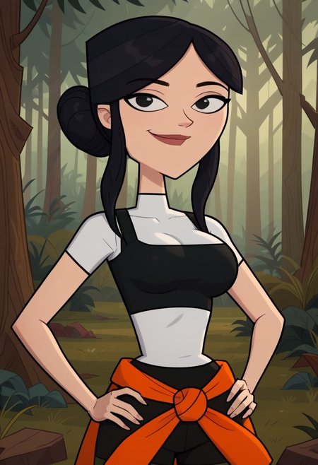 ((Forest background)),score_9, score_8_up, score_7_up,score_6_up, 
1girl, Solo, Tess_DC, light skin, black eyes, black hair, hairstyle low bun, short black top, white t-shirt, orange hoodie tied at her waist, black tight shorts, beige pantyhose, black sneakers, big eyes, tall stature, social smile, perfect eyes, perfect smile, looking at the viewer, big breasts, detailed eyes, perfect eyes, cute, standing, (front pose, bust shot, close up to face, face portrait:1) hands on hips, perfect hands, 5 fingers