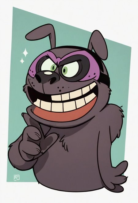 (score_9 | score_8_up | score_7_up) ((masterpiece:1))(best quality,very high quality,ultra detailed:1.2) (2D,cartoon style,anime style)(Smooth:2)(clean blurring) (four fingers on each hand,one thumb on each hand:1), solo, cartoon, score_7_up, charles, dog, black spot on left eye, white, happy, purple mask, mask of the beast, transformation, cross between a donkey a badger and a lizard, green eyes, solo, teeth, 25% transformation, nose with big holes, buck teeth, dark purple fur, lizardlike tail, green eyes