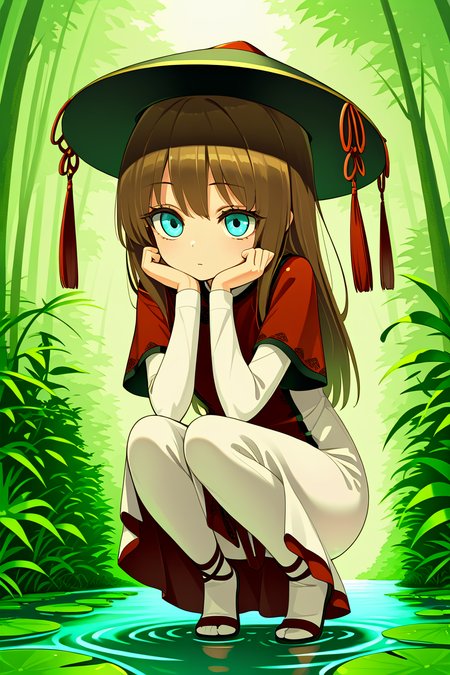 masterpiece, best quality, 1girl, solo, eyelashes, (beautiful eyes),    ,<lora:HomuraSubaruIXL_v1:1.0>,    1girl, dress, female focus, full body, gradient background, hat, lily pad, nature, outdoors, plant, solo, squatting,  water