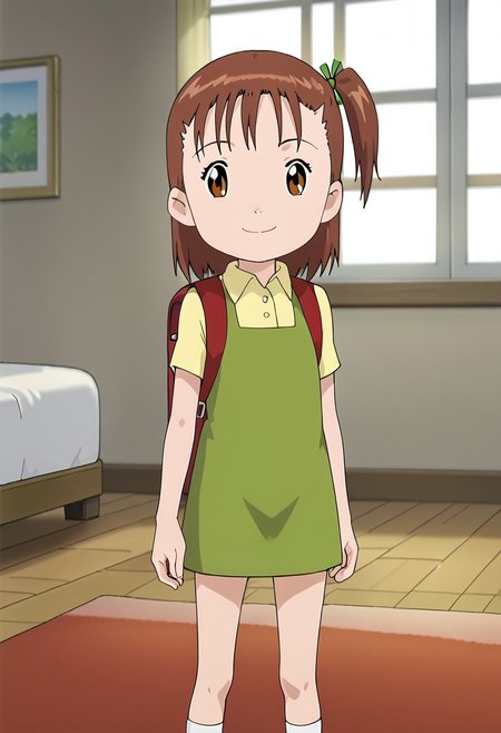 score_9, score_8_up, score_7_up, source_anime, anime screencap, masterpiece, best quality,
(1girl), jerikatou, ((solo, alone)), short petite, small body, flat chest, brown hair, side ponytail, brown eyes, green dress, smile, closed mouth, looking at viewer,
BREAK
(yellow collared shirt, red backpack, upper body) 
BREAK
(standing), indoor, bedroom, bed in back, window in back, carpet on the floor, window in back during the day.