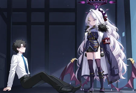 1boy. fujimaru ritsuka \(male\), sitting, on floor, 1girl, standing, hina \(blue archive\), serious, are_you_my_master <lora:are_you_my_master:1>, masterpiece, best quality, amazing quality, very aesthetic, absurdres, highres, newest