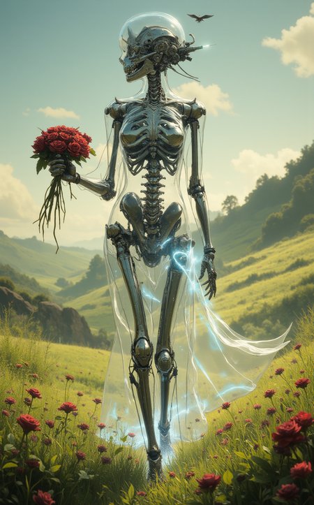 style_of_RS7fn0G75R ,A cyborg girl with a fully transparent body walks gracefully across a vibrant green meadow. Inside her, a intricate metallic skeleton is visible, along with various mechanical devices and gears that whir and click softly. A faint, ethereal glow emanates from within her, highlighting the complexity of her inner machinery.

She holds a bouquet of deep red roses in her hand, their rich color contrasting beautifully with her translucent form. The sunlight shines through her body, casting delicate, shimmering reflections on the grass below. The scene is both futuristic and poetic, blending the cold precision of technology with the warmth of nature and human emotion."

Additional details for refinement:

Style: Hyper-realistic or semi-realistic, with a focus on intricate details and lighting.

Lighting: Soft, natural sunlight with warm tones, creating a glowing effect as it passes through her transparent body.

Color palette: Green (meadow), red (roses), metallic silver and gray (skeleton and machinery), with a soft inner glow (blue or white).

Mood: Futuristic, serene, and slightly surreal, blending technology and nature harmoniously