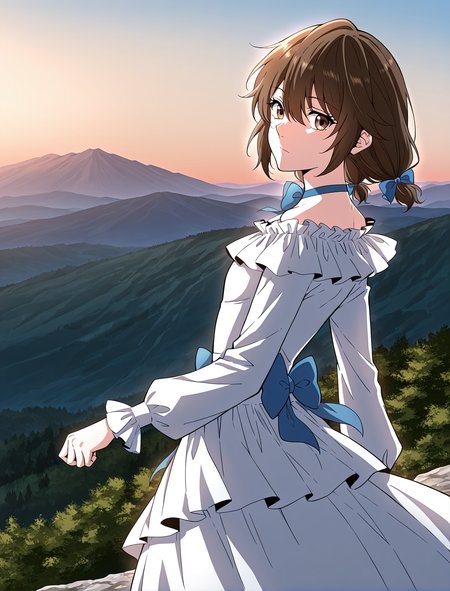 <lora:Eleanor_Leywin__The_Beginning_After_the_End__Illustrious:1>
1 girl, solo, brown hair, brown eyes, bangs, small breasts
white dress, long sleeves, blue bowtie, hair between eyes, hair bow, short hair, high heels, sandals, frills, twintails
score_9, score_8_up, score_7_up, source anime, BREAK, cowboy shot, (from side), looking back, looking at viewer, overlooking mountain, high altitude, scenery, exterior, background, (solo)