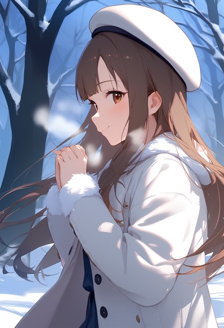1girl,
mizumoto yukari,


from side, profile, fur trim, dress, bare tree, winter clothes, outdoors, white coat, standing, white dress, coat, blunt bangs, brown hair, hat, long hair, own hands together, smile, snow, beret, breath, day, fur-trimmed sleeves, open clothes, cowboy shot, tree, long sleeves, looking at viewer, brown eyes, hands up, solo, blush, open coat, looking to the side,

sfw
<lora:a31_char_new_mizumoto_yukari-000022:1> <lora:a31_style_koni-000010:0.8>