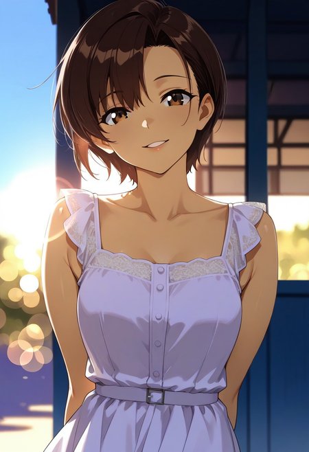 Masterpiece, 8k, aesthetic, beautiful eyes, beautiful hair, beautiful skin, soft lighting, soft shadow, bokeh, depth of field, lens_flare,,Maya Ibuki, , brown eyes, dark-brown hair, asymmetrical bangs, short hair, smiling,  , summer dress,   , (undercut hair:0.7) , looking at viewer, tilt head, parted lips, outdoor, blue sky ,