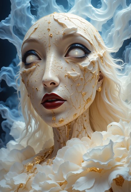 Close-up portrait of a statue of a woman. Her head and body are made of ivory and smooth with numerous, glowing, fine, hairline cracks covering the head and down her neck creating an organic mosaic pattern. She is biomechanical. Her eyes are an intense hazel color with black eyeshadow, and her lips are a rich, deep red color. A spot light focuses on her eyes, creating strong highlights and shadows. The light background is softly blurred showing a sea of white rose petals, but is blurred and out of focus so all visual attention is on the woman's eyes, nose and mouth. Her hair is stark white and falls around the lower half of the image. She is blending in with the background. She is looking at the viewer intensely. Blue and white smoke surround her body. She is like a bust. The overall impression is one of dramatic beauty, with an almost otherworldly quality.  (((ultra-realistic style))), realistic soft lighting, eye-catching, atmospheric lighting, smokey environment, natural, shallow depth of field, (highlights: 0.8), high detail (dynamic, sincere, cinematic shot, film grain, bokeh, depth of field)