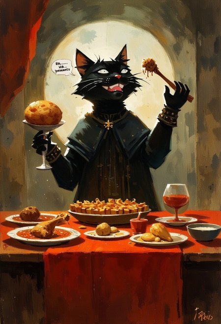 oil painting of a black cat aristocrat eating a large feast at a medievil banquette table. Holding a chicken drumstick. He is laughing. Text bubble "Ha...peasants"