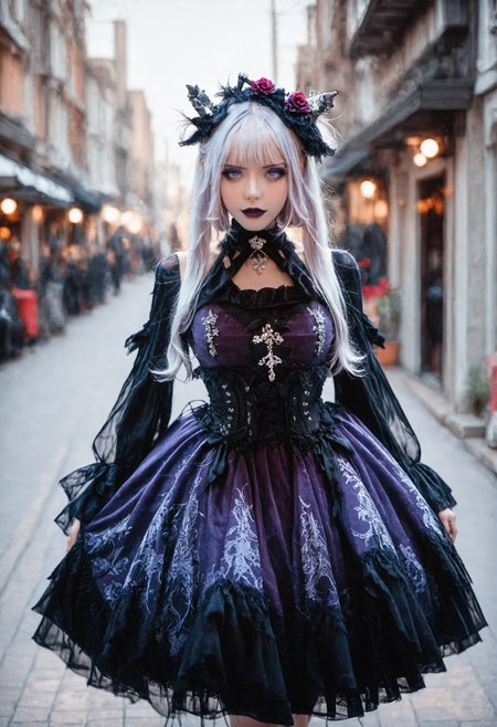 <lora:Illustrious_Realistic_Fashion_Collection_-_Gothic_Lita:1> girl wearing a gothic fashion dress, on the street, purple dress, subsurface scathering, depth of field, skin pores, detailed skin, masterpiece, best quality, newest, absurdres, highres, feeling, impact, very awa, dim lighting, sidelighting, skindentation, amazing quality, scenery, very aesthetic, newest, volumetric lighting, blending, <lora:add-detail-xl:1> <lora:cfg_scale_boost:1> <lora:sdxl_enhance:1> <lora:spo_sdxl_10ep_4k-data_lora_webui:1>