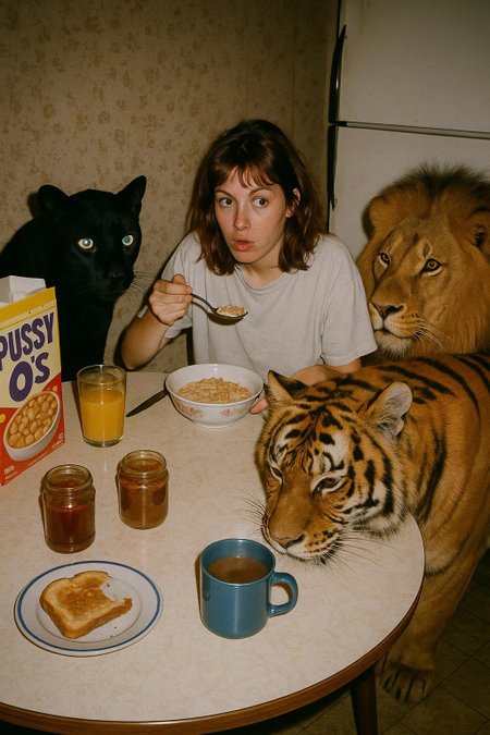 (define breakfast-bigcats-scene
  '((description . "Early-1990s disposable-camera breakfast scene with harsh direct flash")
    (photography .
      ((camera . "disposable camera")
       (flash  . "direct on-camera flash")
       (era    . "early 1990s")))
    (location .
      ((type      . "small kitchen")
       (floor     . "worn linoleum")
       (walls     . "faded wallpaper")
       (appliance . "humming refrigerator")))
    (table-items .
      ("mismatched dishes"
       "half-full glass of orange juice"
       "cereal box labeled 'Pussy Os'"
       "open jars"
       "toast with bite marks"
       "steaming mug"))
    (human .
      ((role       . "young woman")
       (age        . "early 20s")
       (hair       . "slightly disheveled")
       (attire     . "loose T-shirt")
       (expression . "mid-chew surprise, eyes darting"))))
    (animals .
      ((panther . "black panther alert, eyes glowing at flash")
       (tiger   . "Bengal tiger head lowered, gaze on bowl")
       (lion    . "lion staring past camera, mane catching light"))))
    (lighting . "flash exaggerates fur, tile, utensils; hard shadows")
    (mood     . "surreal domestic intrusion")))
