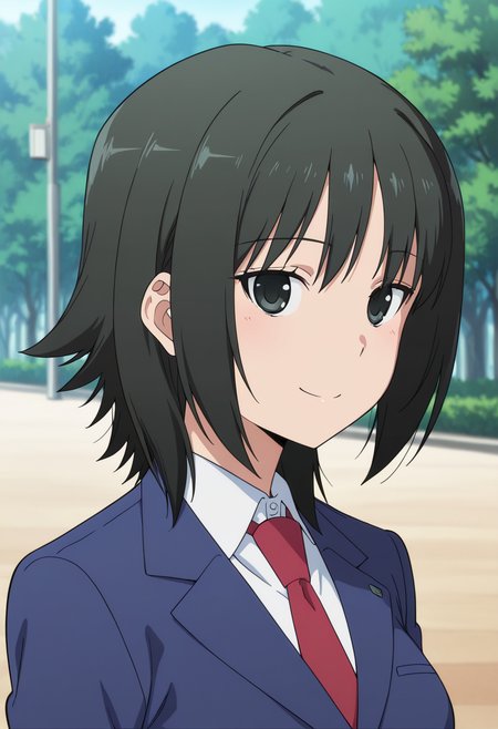 masterpiece, best quality, amazing quality, very aesthetic, absurdres, newest, illustration, perfect composition, intricate details, highres, anime coloring, general, 1girl, solo, (portrait:1.2), atsukoww, black eyes, black hair, medium hair, medium breasts, school uniform, blue blazer, long sleeves, white collared shirt, red necktie, standing, looking at viewer, smile, outdoors, shiny body, shiny skin, skindentation, clear skin, shiny hair, ultra detailed eyes, depth of field, sharp, intricate details, hyperdetailed, ultra-detailed, detailed clothing folds, high contrast, dynamic light <lora:Atsuko_Minami-Ke_ill:1>
