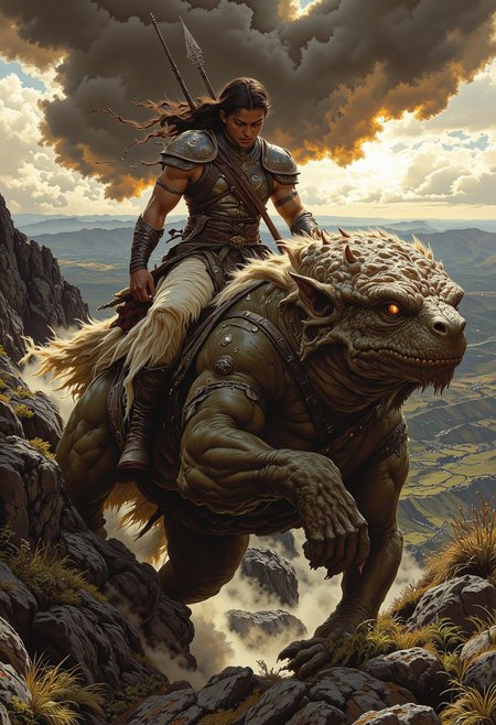 score_9, score_8_up, score_7_up, 8k high quality digital painting, masterpiece, very detailed, ultra realistic, (best quality) very detailed epic masterpiece, boris vallejo style, frank frazetta style, realistic oil painting, retro artstyle, full body, 
unearthly beautiful, a breathtakingly beautiful landscape, a beautiful female warrior rides on a toad-like monster, fur clothing, loincloth made of fur, the setting sun casts long shadows, backlight, sunrise, enchanting landscape, fairytale-like, realistic detailed oil painting style Rembrandt style, Vermeer style, Dungeons and dragons atmosphere, heroic fantasy, realistic, realism, full body