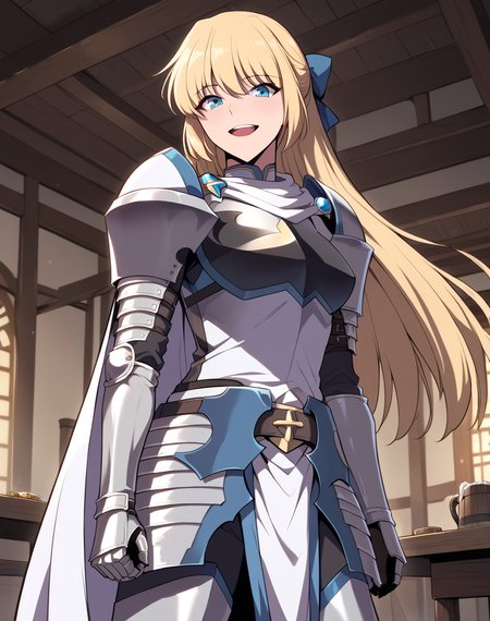 teresa_du_laurentia, blonde hair, blue eyes, long hair, hair bow , knight, white cape, shoulder armor, armor, breastplate, gauntlets BREAK indoors, tavern BREAK looking at viewer, sexy face, sexy smile, open mouth, cowboy shot, BREAK score_9, score_8_up, score_7_up, source_anime ,zPDXL, <lora:Teresa_du_Laurentia:0.8>