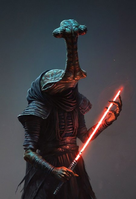 (an ithorian hammerhead alien), dynamic, moody, darkness, shadows, dark, sinister, pitch black, highly detailed, shining white armor, holding long brilliant glowing light saber, digital painting, artstation, concept art, smooth, sharp focus, illustration, art by Carne Griffiths and Wadim Kashin, dark black colors, good shadows, dim lit, devoid of color, low light, back light, hidden, obscured, black hue in hair, mirrors, prisms, reflection, refraction, prismatic, monolith, obsidian, bright red god rays, sun circle