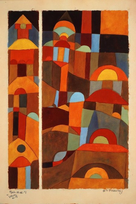 paulklee1 painting.
A triptych painting with three rectangular panels arranged vertically, each featuring abstract geometric buildings rendered in shades of orange, red, brown, green, and blue.
  <lora:paulklee1_cap_d8a4e12:1.0><lora:839869357388571156:0>