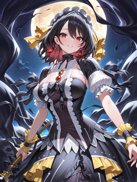 yellow short sleeves,underworld goddess of the closed world,black princess dress,1girl,solo,looking at viewer,full moon,smile,night,medium breasts,cowboy shot,parted lips,large breasts,red earrings,black frills,staff,holding staff,
masterpiece,best quality,amazing quality,very aesthetic,absurdres,newest,<lora:underworld goddess of the closed world illuXL v1:0.75>,