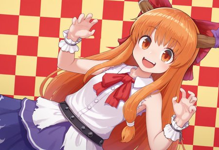 best quality, masterpiece, dutch angle, looking at viewer,

1girl, solo, yamin \(cookie\), (ibuki suika:0.5), 
orange hair,

standing, leaning backward,
spread arms, curled fingers, hands up,
collared shirt, red bowtie, red hair bow, torn clothes,
sleeveless,
:D, smile, tareme,
dynamic pose, 

(checkered background:1.2), 
red background, yellow background,