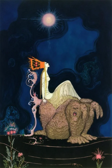 kaynielsen1 illustration.
A woman with long straight blonde hair, in a flowing, ethereal gown with a large, orange butterfly headdress, sits on a throne-like structure of organic shapes. She is tilting her head upward. A blonde giant with two heads sits on the ground in front of the throne. The background is a deep, dark blue with swirling patterns and a bright, glowing star in the upper left corner. <lora:kaynielsen1_d8a4e12:1.0><lora:865847525045727486:0>