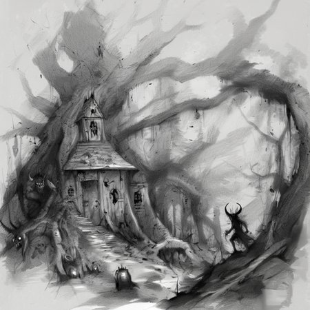drawix8 the devil's house among old trees in the forest, demons and forest creatures in the background, unusual expressive shot <lora:drawix8:1>
