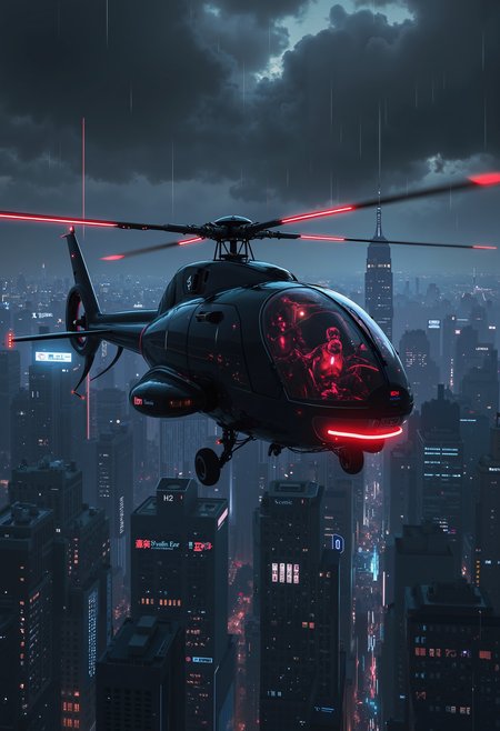 bo-neon, a digital artwork depicting a futuristic, high-tech helicopter flying over a cityscape at night, the helicopter is positioned in the center of the image, with its sleek, black body and transparent cockpit visible, the cockpit is illuminated with a striking red glow, suggesting a futuristic or cyberpunk aesthetic, the rotor blades are visible, with a series of red streaks extending from them, adding a sense of motion and energy to the scene, the city below is dense with numerous skyscrapers and illuminated structures, indicating a bustling urban environment, the sky is dark, with ominous, ominous clouds looming overhead, enhancing the sense of foreboding and danger, the ground below is wet, suggesting recent rain or a recent flight, adding to the realism of the artwork, the overall color palette is dominated by dark shades of black, red, and orange, with the red and orange hues enhancing the futuristic and sci-fi elements, the texture of the aircraft and the cityscape is smooth and glossy, reflecting the light from the city's surroundings, the artwork is highly detailed, capturing the intricate details of the helicopter's design and the contrast between the dark sky and the vibrant colors of the city<lora:FLUX Abyss Neon\abyss-neon.safetensors:1.0:1.0>