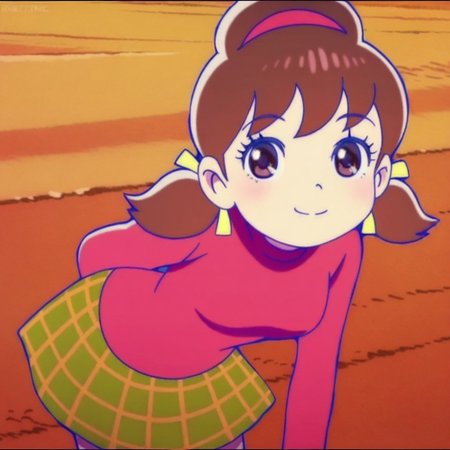 official style, style parody, anime screenshot,anime coloring, yowai totoko, ,low twintails, twintails, brown hair, detailed eyes, brown eyes, turtleneck, plaid_skirt, green skirt, totoko, smile,  looking at viewer, bent over,