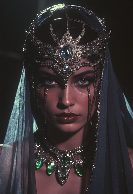 ArsMovieStill, 80s Fantasy Movie Still, In the depths of a mystic reverie, a dark-skinned enchantress materializes, her presence a whispered secret in the velvet darkness. Her eyes, like shattered emeralds, glimmer with an unholy light, as if the very essence of the forest has been distilled into their piercing gaze. A tattered, lace-like veil, a gossamer whisper of forgotten dreams, clings to her skin like a damp, moonlit mist, casting an eerie, silvered glow across her features. The light that bathes her is a crazed, flickering thing, a mad dance of sunbeams and shadowy tendrils that twist and writhe like living serpents around her face. Upon her head, a crown of jagged, chrome splinters reigns, its diamonds flashing like a riot of fireflies on a summer's night, as a diamond-encrusted necklace slithers around her neck like a glittering, venomous serpent. A face ornament, a delicate, bejeweled latticework, sprawls across her cheeks and forehead like a mad, its silver chains and diamonds glinting with a manic, fevered light, as if the very fabric of reality has been torn asunder to reveal a glimpse of the surreal, dreamlike realm that lies beyond. And yet, amidst this maelstrom of color and light, the enchantress remains, a serene, unyielding presence, her gaze a cold, dark mirror that reflects the very soul of the viewer, drawing them in with an otherworldly allure, a siren's call that beckons them deeper into the heart of the madness.