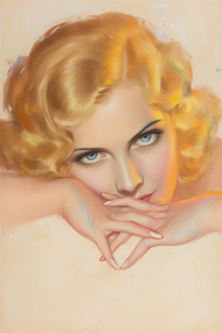 rolfarmstrong1 illustration. 
A closeup portrait of a woman with blonde, curly hair and striking blue eyes with prominent eyelashes. She has a subtle blush and a soft, warm-toned background of pastel peach, orange, and light blue. She is lying with her head tilted slighly with her cheek resting on the back of her clasped hands. <lora:rolfarmstrong1_cap_d8a4:1.0><lora:862529742266441948:0>