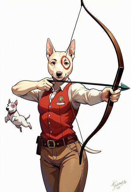 score_9, score_8_up, score_7_up, source_furry, anthro, TarBulls, bull terrier, cowboy shot, jumping, flying, midair, portrait, close up, holding weapon, holding bow (weapon), expressionless, looking at viewer, drawing bow (weapon), holding arrow (projectile), aiming,