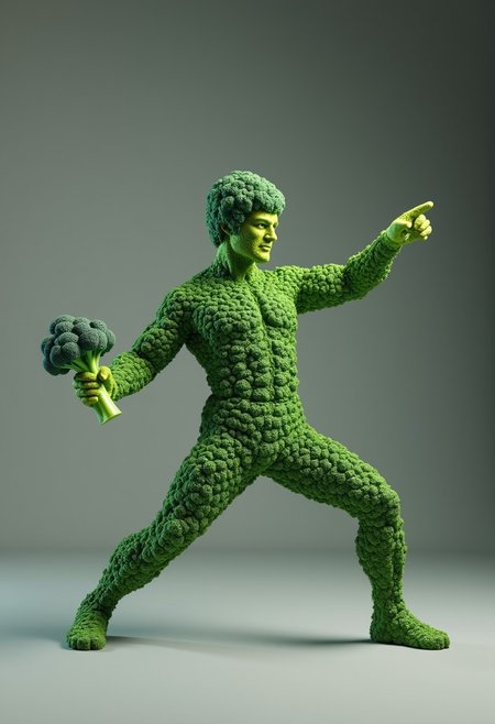 The image is a 3D rendering of a Bruce Lee made up of broccoli. He is in a fighting stance, with his arms stretched out to the sides and his legs bent at the knees. He is holding a bunch of broccoli in his right hand and his left hand is pointing towards the right side of the image. The broccoli is a bright green color and appears to be fresh and healthy. The background is a matte gradient of colorful gray, making him and the broccoli stand out.