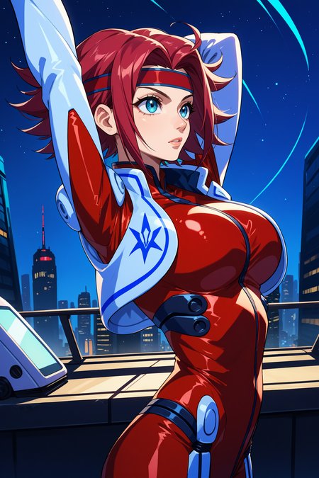 score_9, score_8_up, score_7_up, score_6_up, source_anime, 1girl, solo, <lora:kouzukikallen-pdxl-nvwls-v1-000006:1> kouklln, red hair, flipped hair, short hair, blue eyes, red headband, red bodysuit, silver jacket, cropped jacket, pilot suit, large breasts, from side, arms up, night sky, city, looking up, stretching