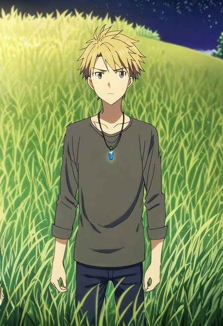 high resolution, solo, best quality, 1Boy, Yamato Ishida, Blond Hair, Necklace, grass, middle night, OverallDetail