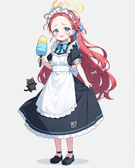 yuzu \(maid\) \(blue archive\),1girl, halo, full_body, maid_headdress, shoes, holding_cat, black_footwear, forehead, maid_apron, blush, open_mouth, wavy_mouth, frilled_apron, black_cat, braid, standing, bow, black_dress, simple_background, white_background, puffy_short_sleeves, white_apron, enmaided, solo, from_side
<lora:yuzu_(blue_archive)_image343_2023-11-18_spv-000035:1>. gorgeous,key visual, vibrant, studio anime,award-winning, professional, highly detailed,high budget, cinemascope